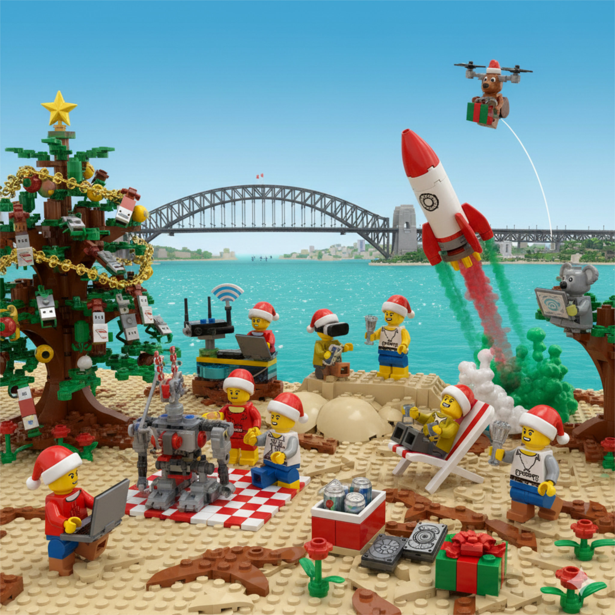 This image is a detailed, LEGO-themed graphic that combines an Australian Christmas setting with IT and technology.
