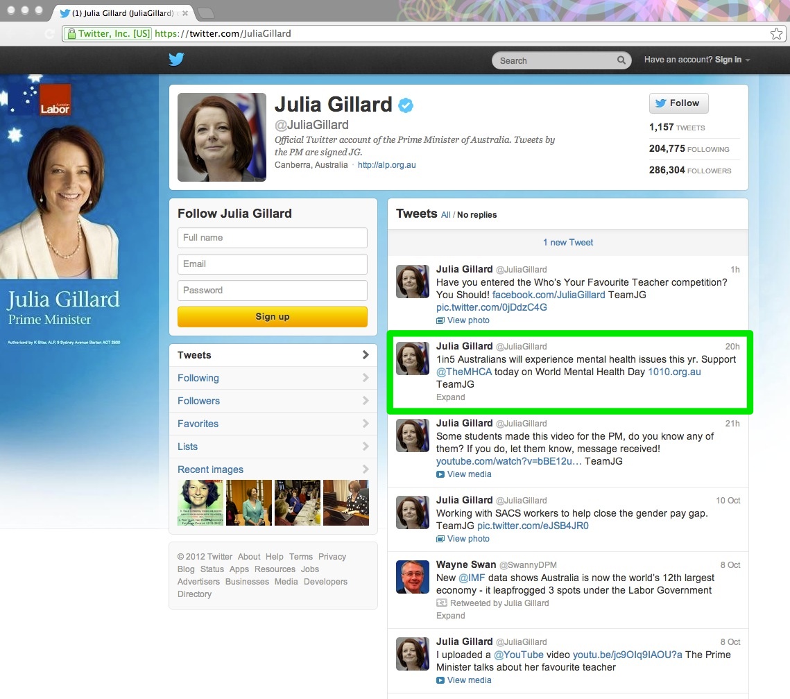 Julia Gillard Tweet for Mental Health Day 2012