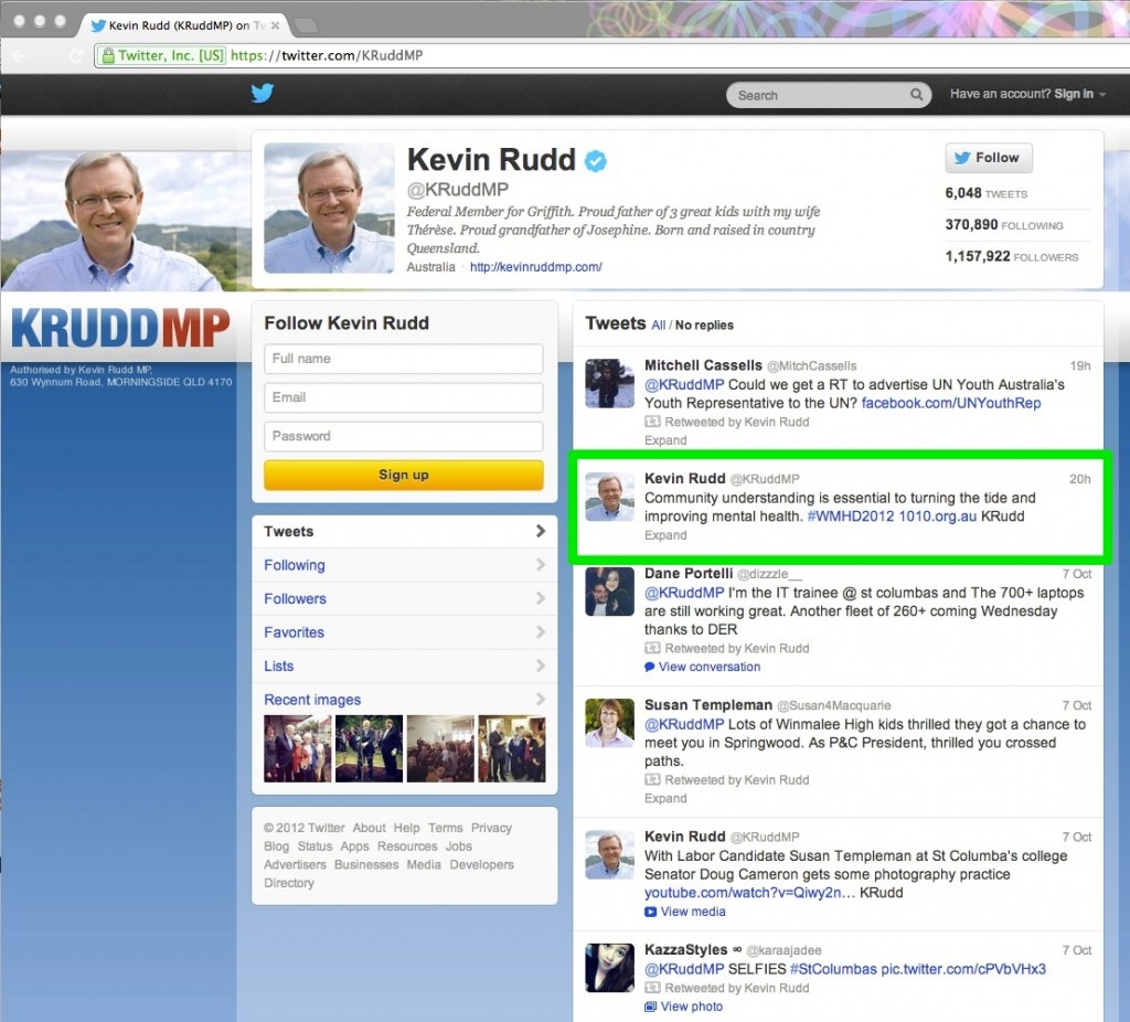 Kevin Rudd Tweet for Mental Health Day 2012