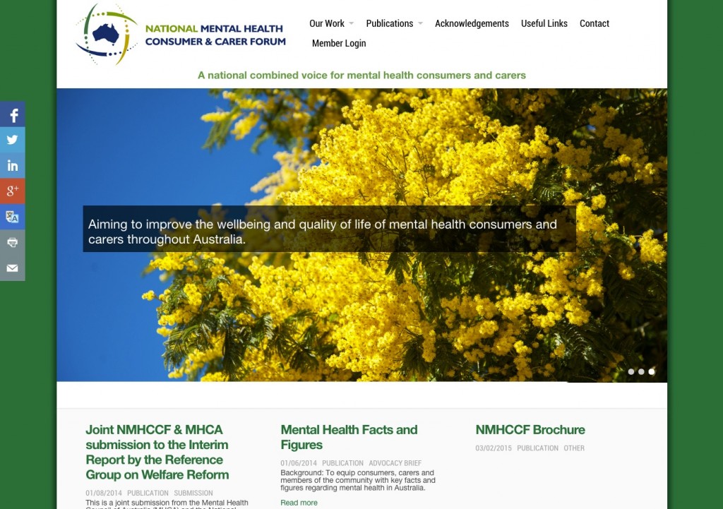 Home page for National Mental Health Consumer and Carer Forum website